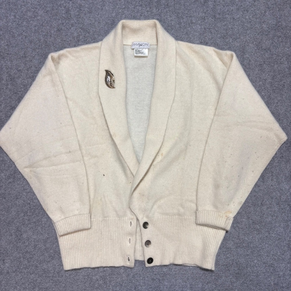 Vintage Mayon Lambswool Angora Shawl Collar Cardigan Cream Ivory Brooch Sz M